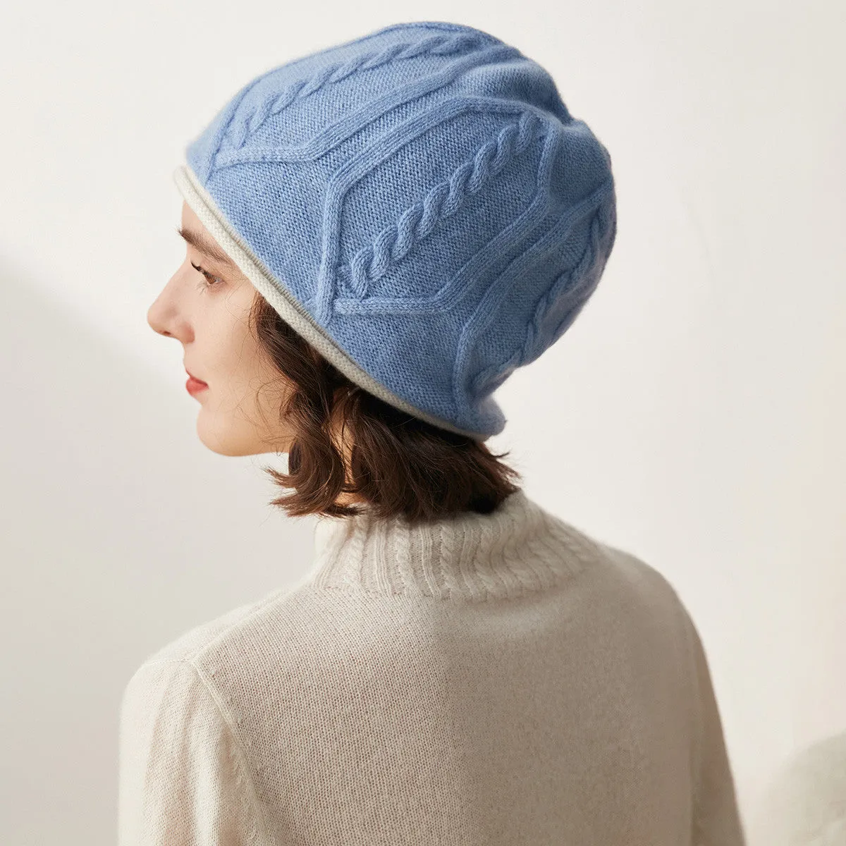 100% Cashmere Cozy and Stylish Cable Knit Beanie