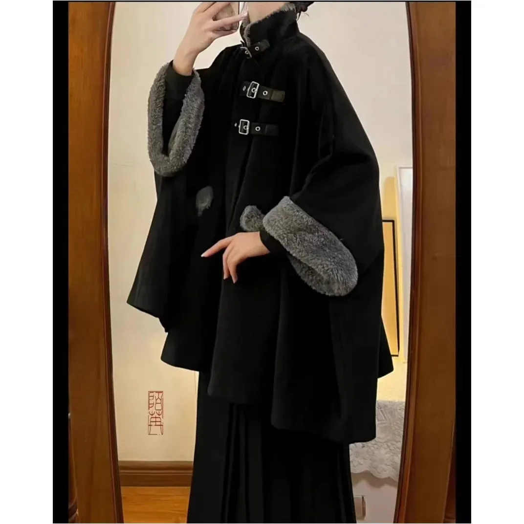 Aiertu Chinese Style Cloak Coat Women New Chinese High end Plush Capes Autumn and Winter Loose Causal Warm Black Coat Women Clothing