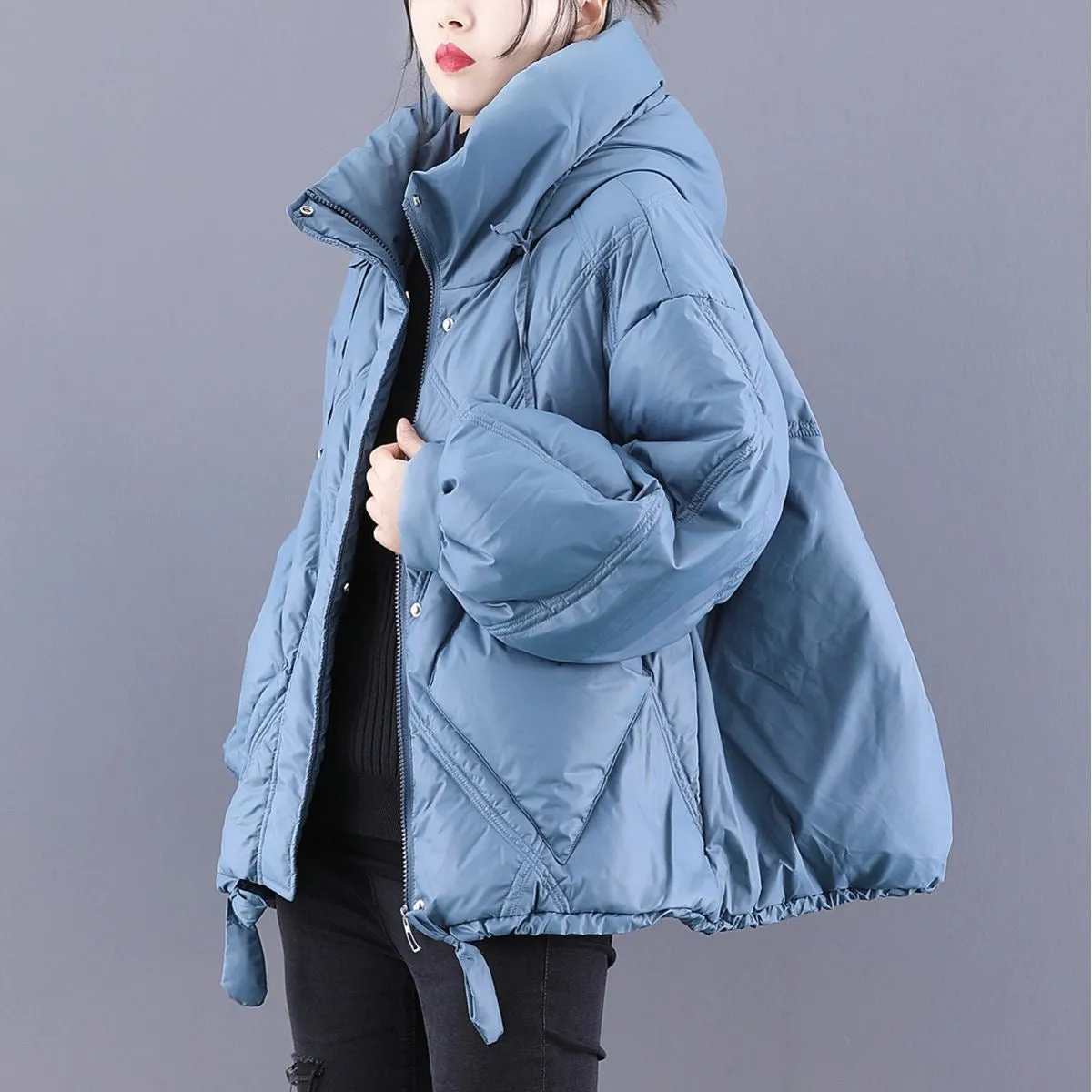 Beautiful Black hooded Loose zippered Warm Winter Duck Down Jacket