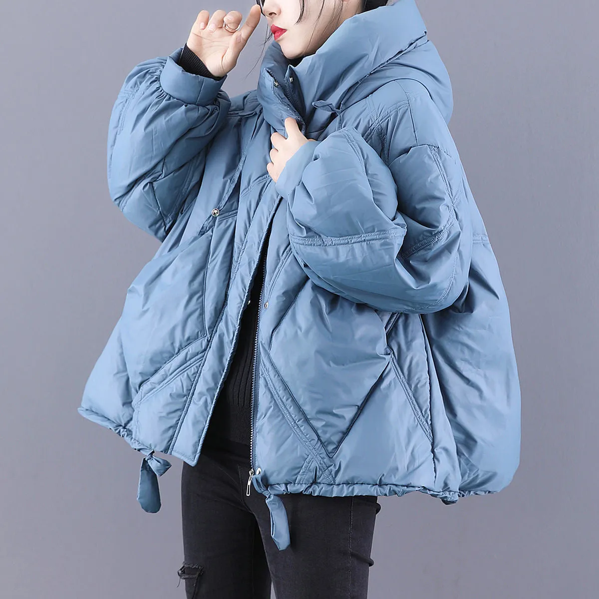 Beautiful Black hooded Loose zippered Warm Winter Duck Down Jacket