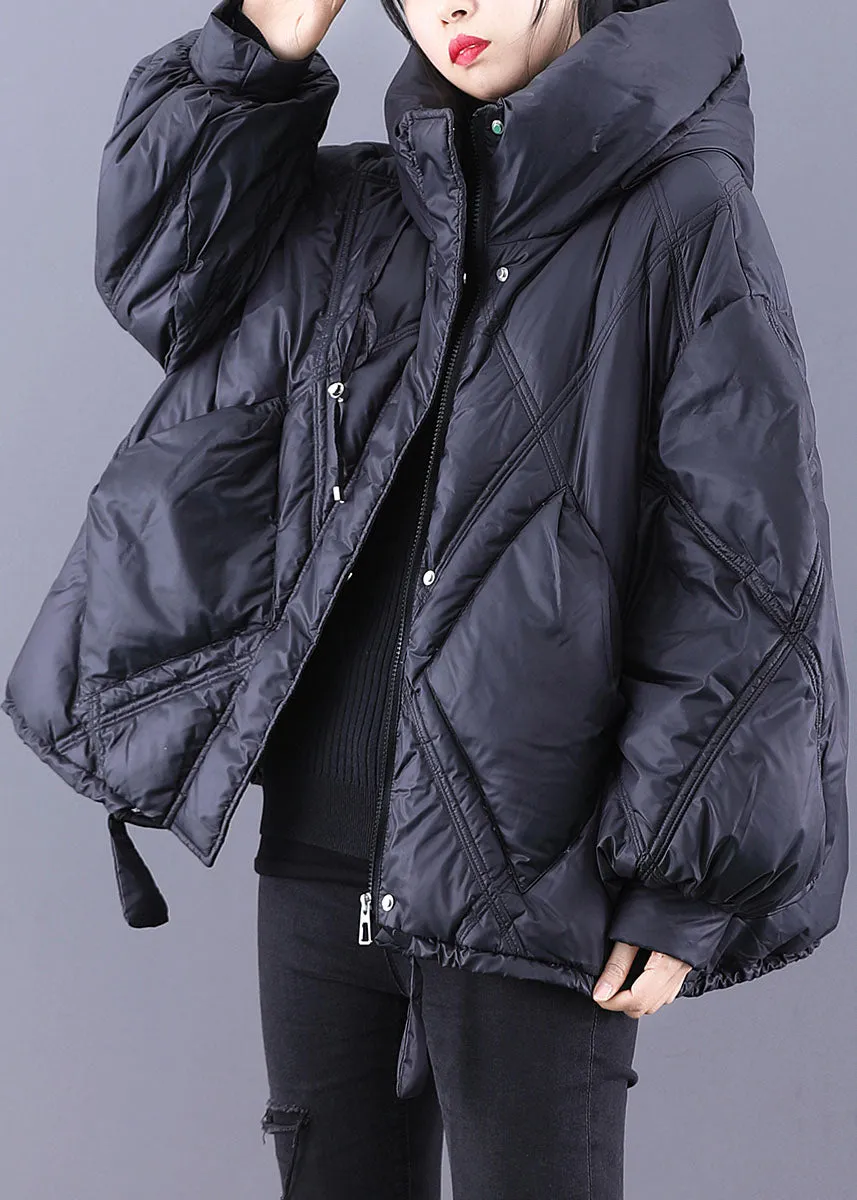 Beautiful Black hooded Loose zippered Warm Winter Duck Down Jacket