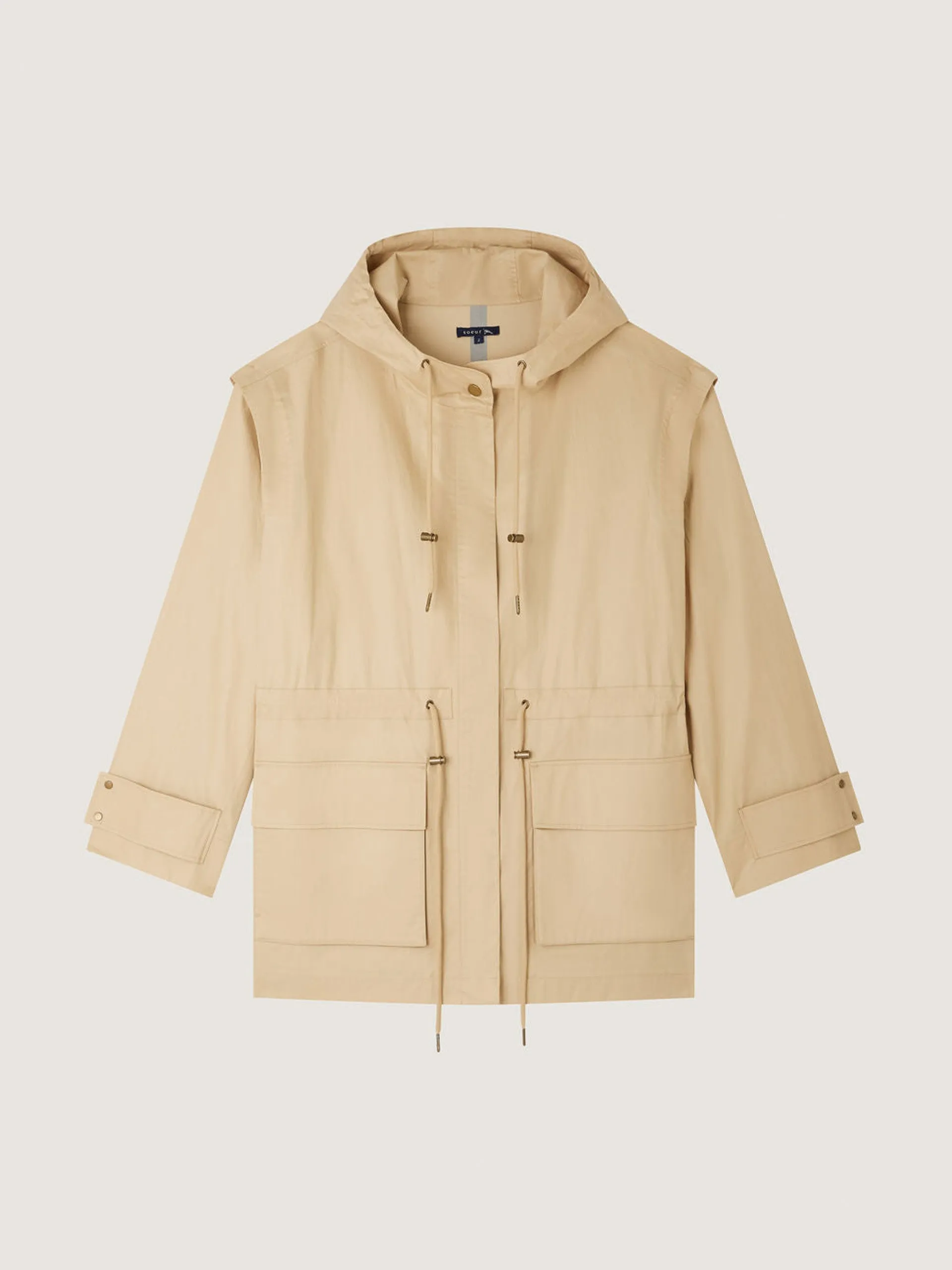 Beige cotton canvas hooded parka