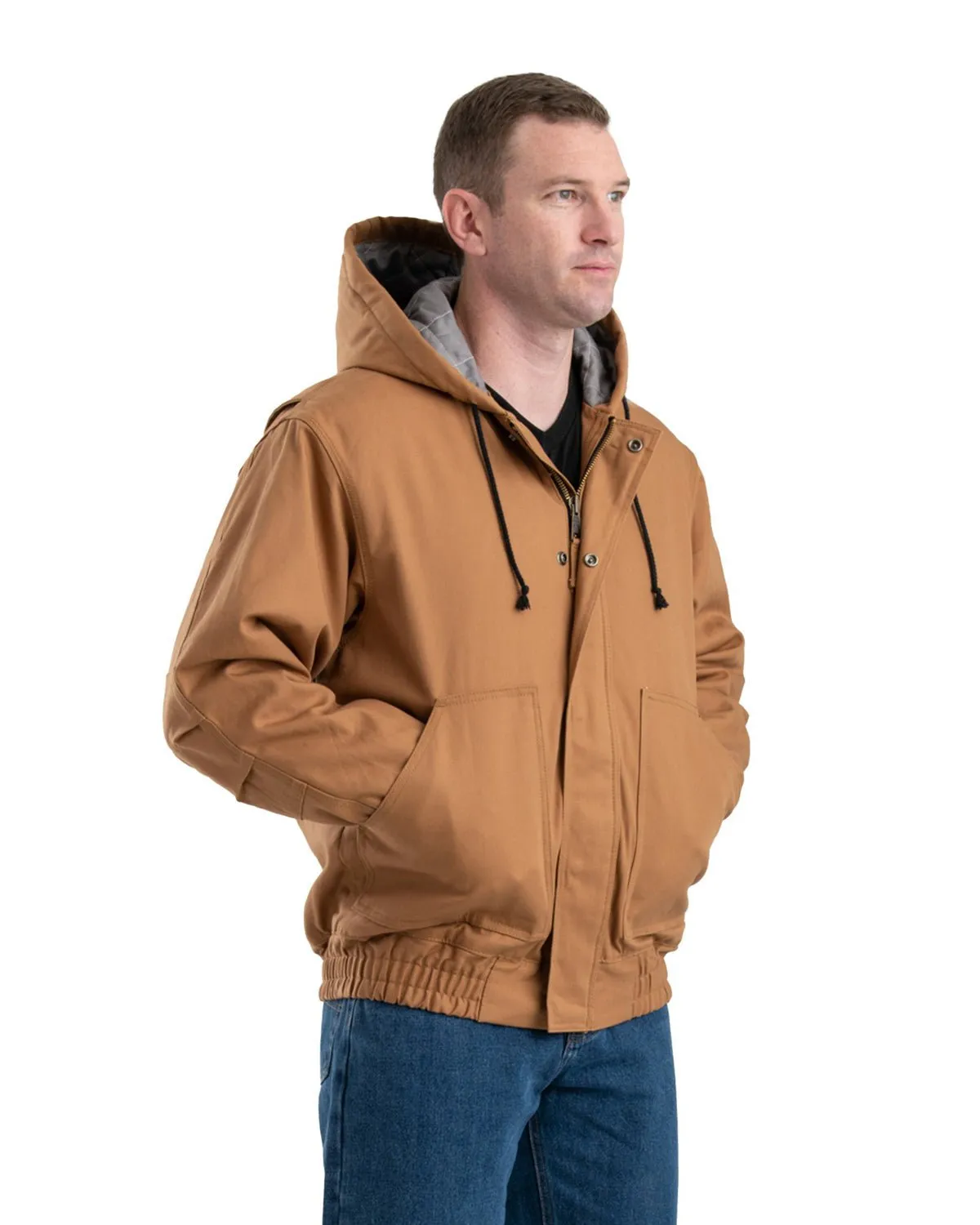 Berne Apparel Mens Flame Resistant Hooded Brown Duck Cotton Blend Chore Jacket