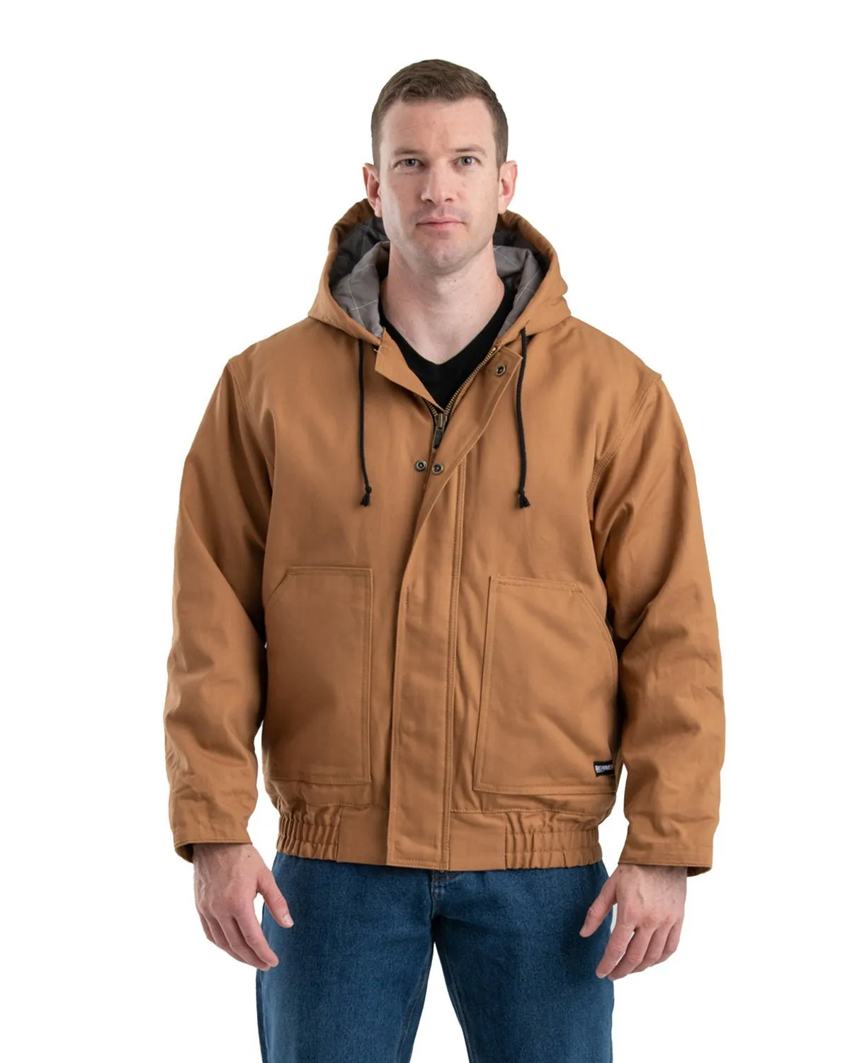 Berne Apparel Mens Flame Resistant Hooded Brown Duck Cotton Blend Chore Jacket