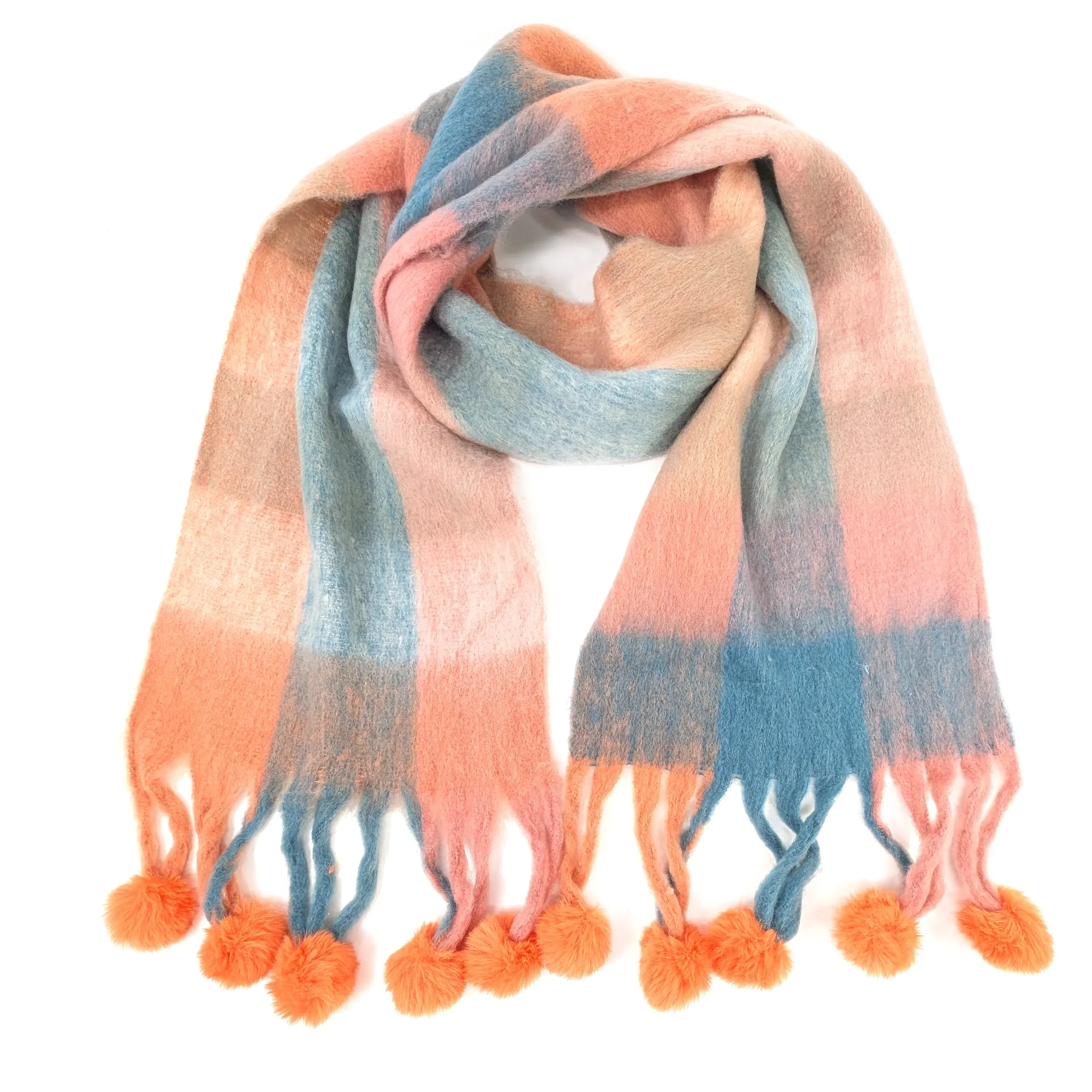 Black Ginger 210cm Peach/Blue Skala Pom Pom Extra Thick Scarf - 736-442