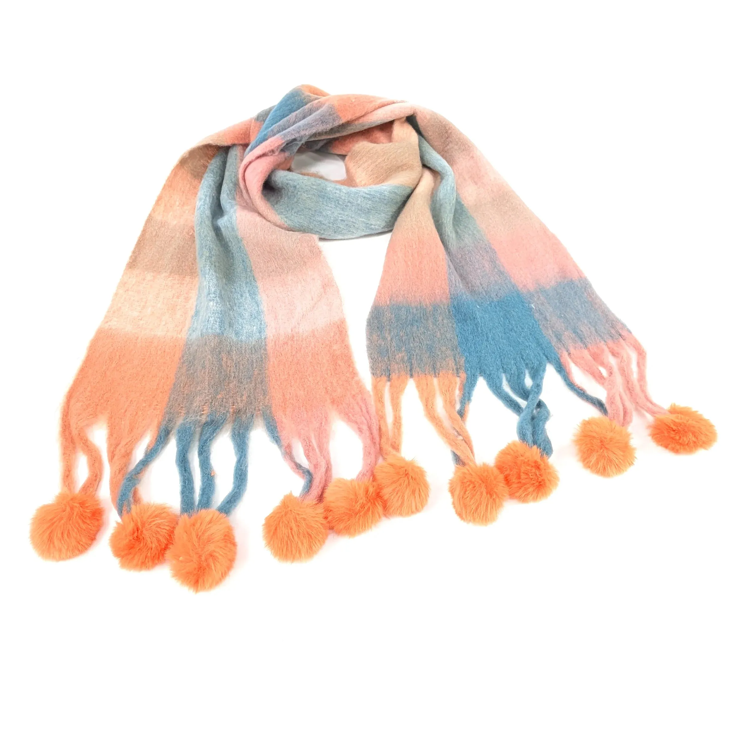 Black Ginger 210cm Peach/Blue Skala Pom Pom Extra Thick Scarf - 736-442