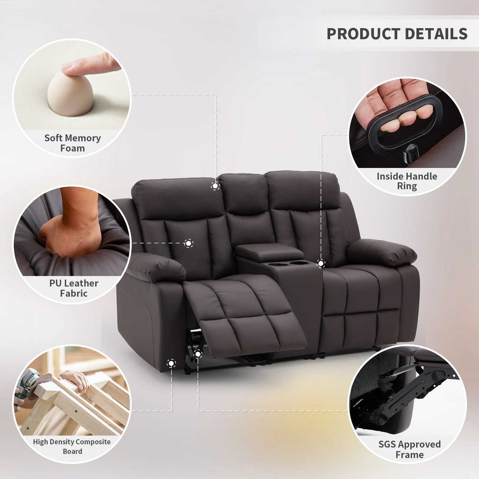 Breathable Leather Fabric Recliner Loveseat Chair with Cup Holder & Storage, Dark Brown