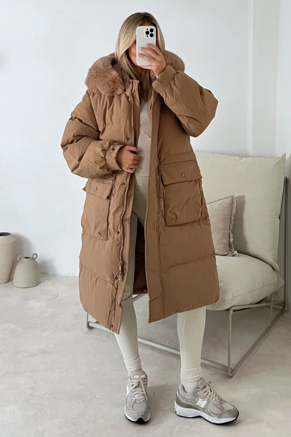 Carrie camel long puffer coat with faux fur hood