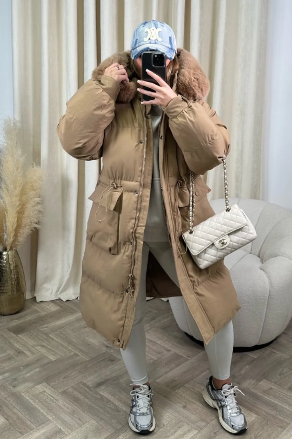 Carrie camel long puffer coat with faux fur hood