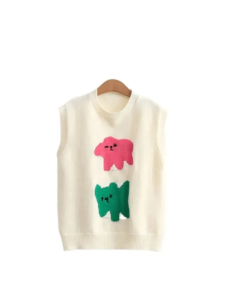 Cartoon Embroidery Knit Pullover Women Sweater Vest Spring O- Neck Sleeveless Korean Ladies Daily Harajuku Soft Jumpers Top