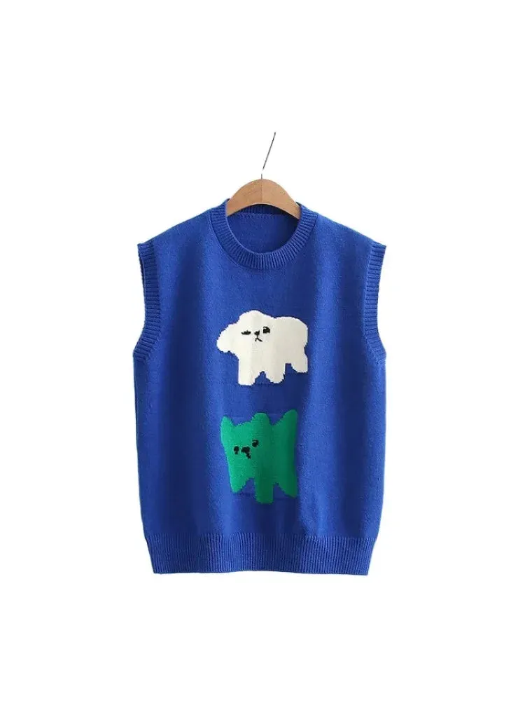 Cartoon Embroidery Knit Pullover Women Sweater Vest Spring O- Neck Sleeveless Korean Ladies Daily Harajuku Soft Jumpers Top