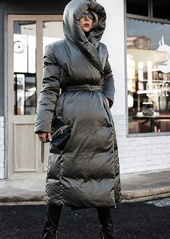 Casual Green Loose Thick tie waist Winter Duck Down coat