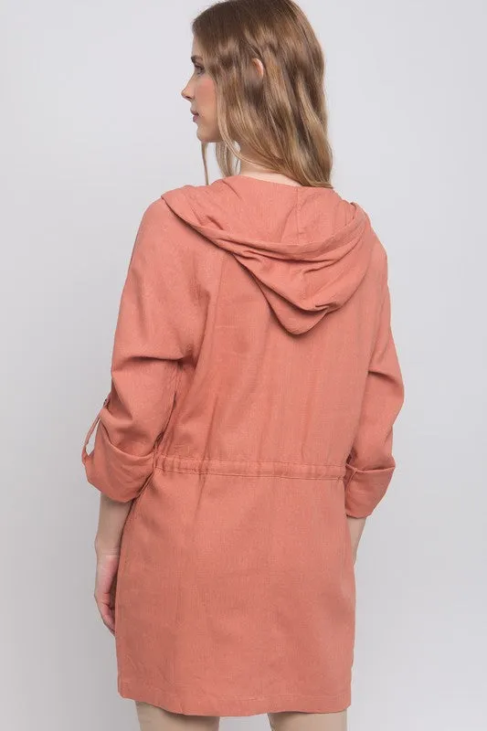 Clay Open Front Hoodie Trench Linen Jacket