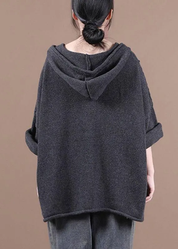 Comfy Dark Grey hooded Pockets Sweater Coat