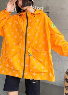 Comfy Orange Print UPF 50  Coat Jacket Hooded Hoodie Coat