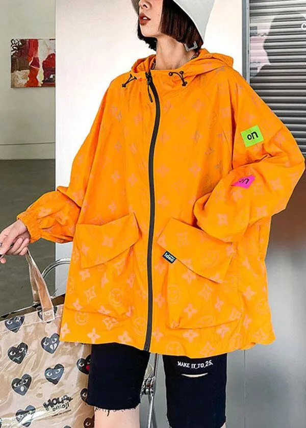 Comfy Orange Print UPF 50  Coat Jacket Hooded Hoodie Coat