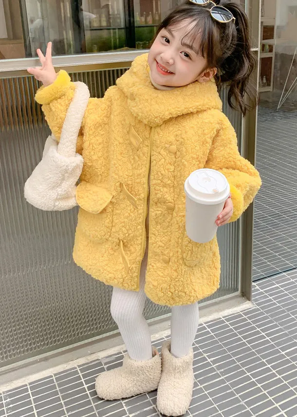 Cute Yellow Zippered Patchwork Kids Faux Fur Long Coat Winter WL029