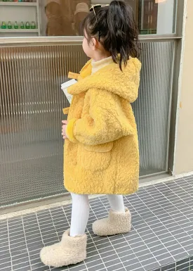 Cute Yellow Zippered Patchwork Kids Faux Fur Long Coat Winter WL029