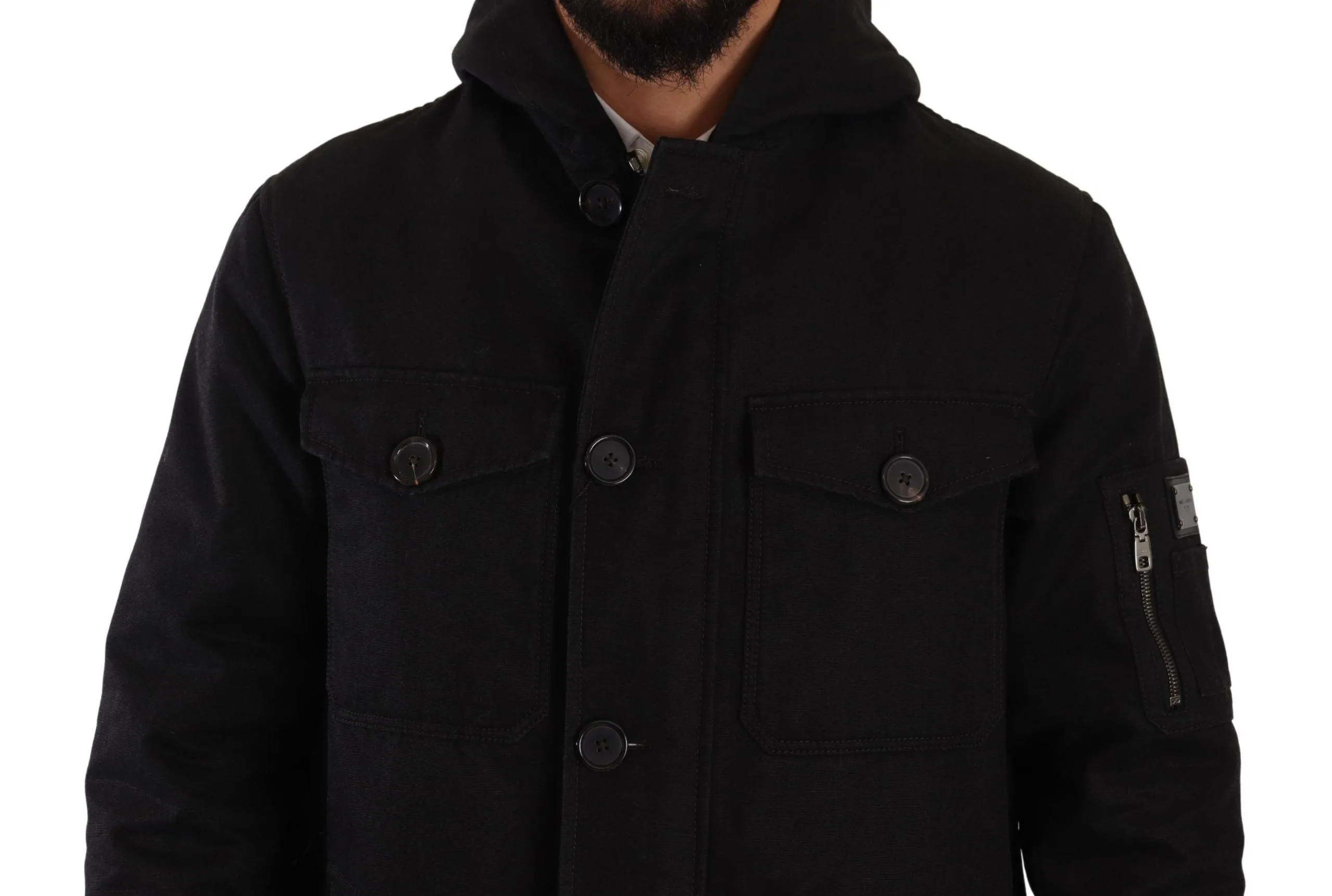 Dolce & Gabbana Black Denim Hooded Parka Coat Winter Jacket