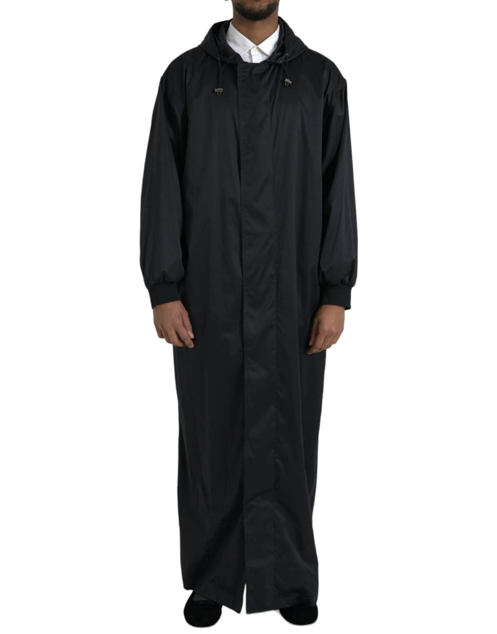 Dolce & Gabbana Black Polyester Hooded Long Windbreaker Coat