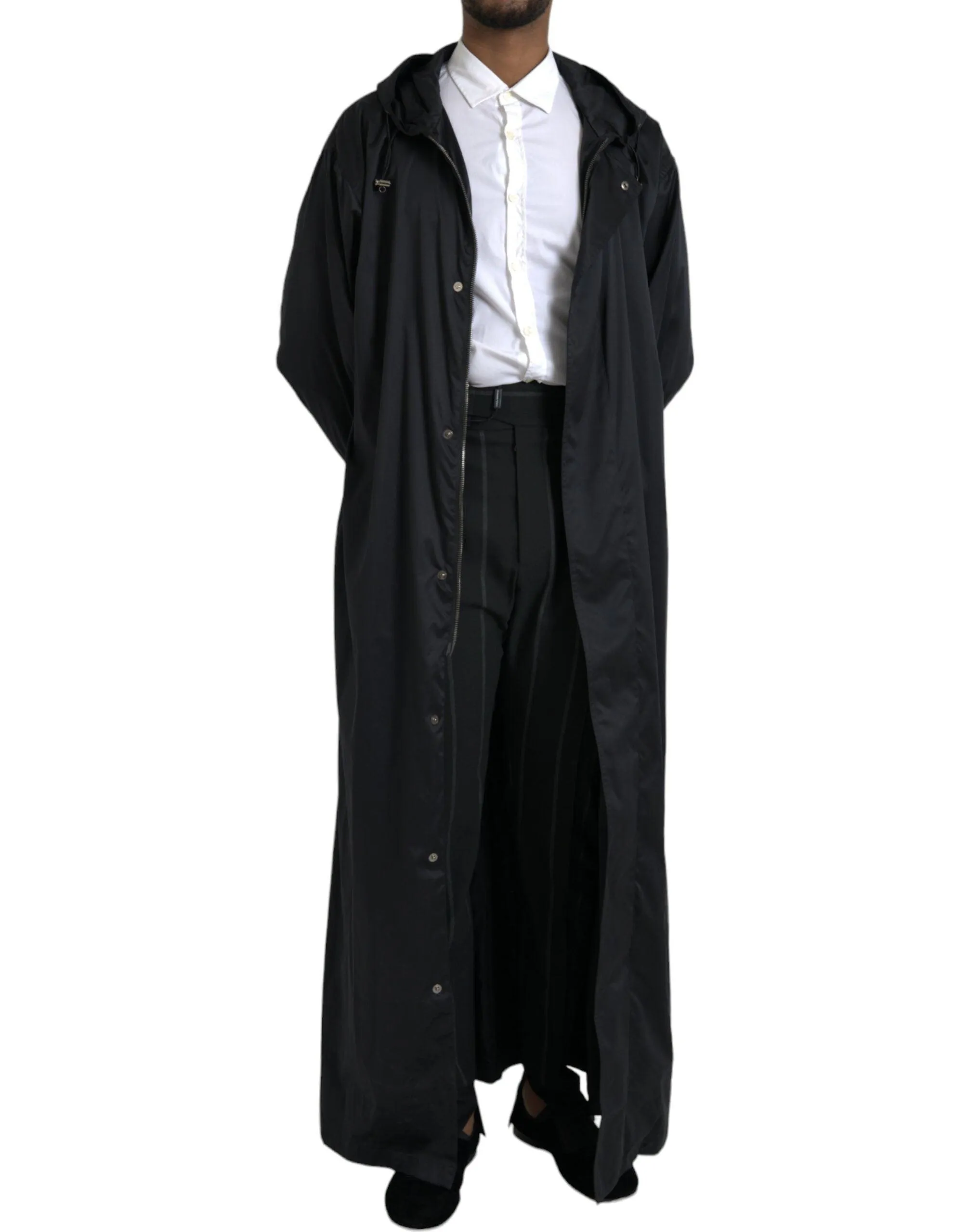 Dolce & Gabbana Black Polyester Hooded Long Windbreaker Coat