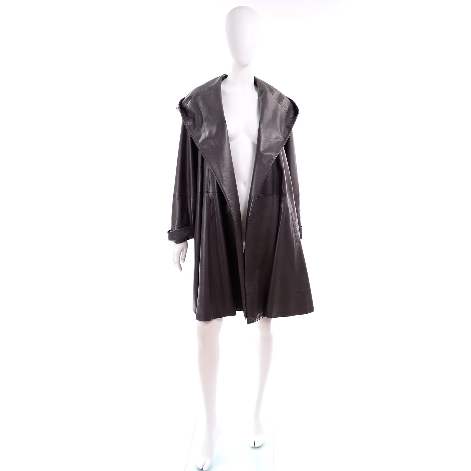 Donna Karan Hooded Gray Leather Swing Coat