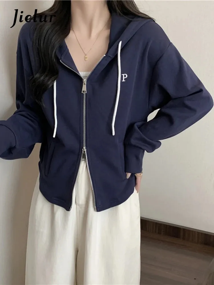 Double Zipper Short Women's Hoodies Autumn Winter Korean Casual Loose Thin Gray Navy Coat Women Sweatshirt Hooded M-XL