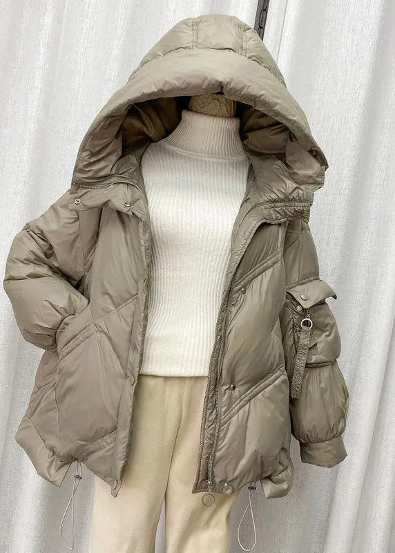 Elegant Beige Hooded drawstring Duck Down Jacket Winter