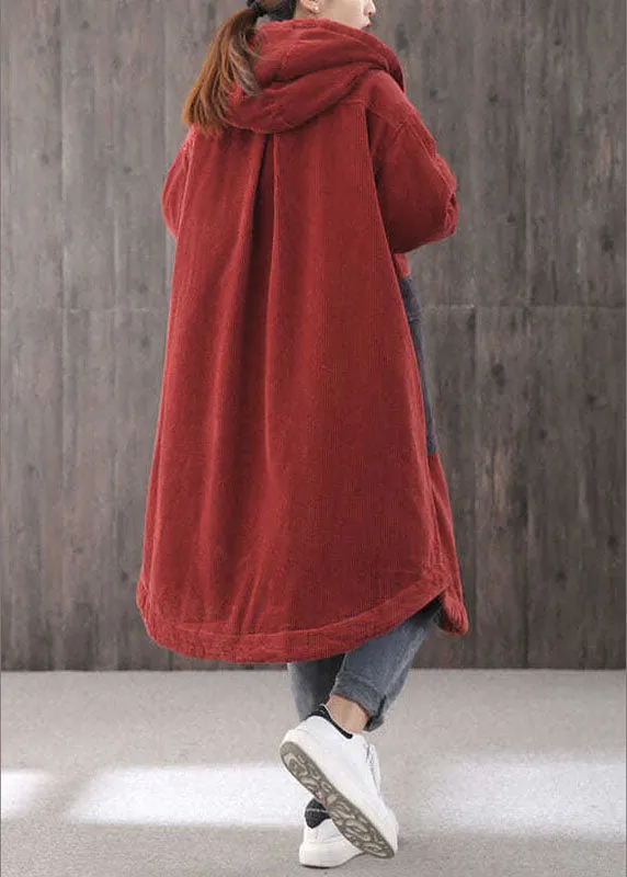 Elegant Red hooded Pockets Button Winter Coat Long sleeve