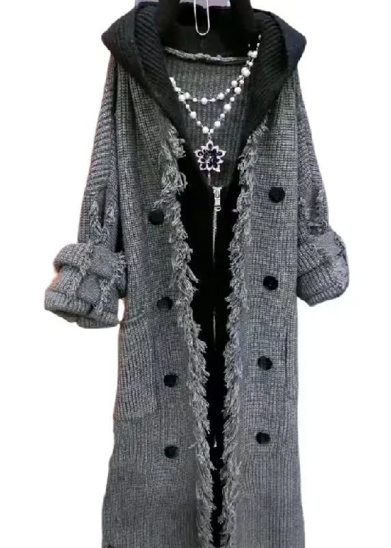 Fashion Beige Tasseled Patchwork Knit Hooded Coat Fall RU030