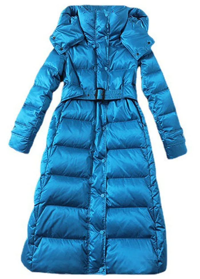 Fashion Sky Blue Hooded Sashes Lengthen Duck Down Down Coat Winter