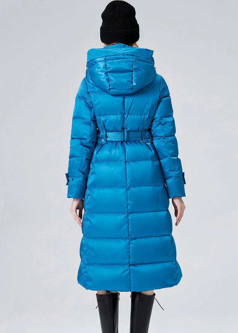 Fashion Sky Blue Hooded Sashes Lengthen Duck Down Down Coat Winter