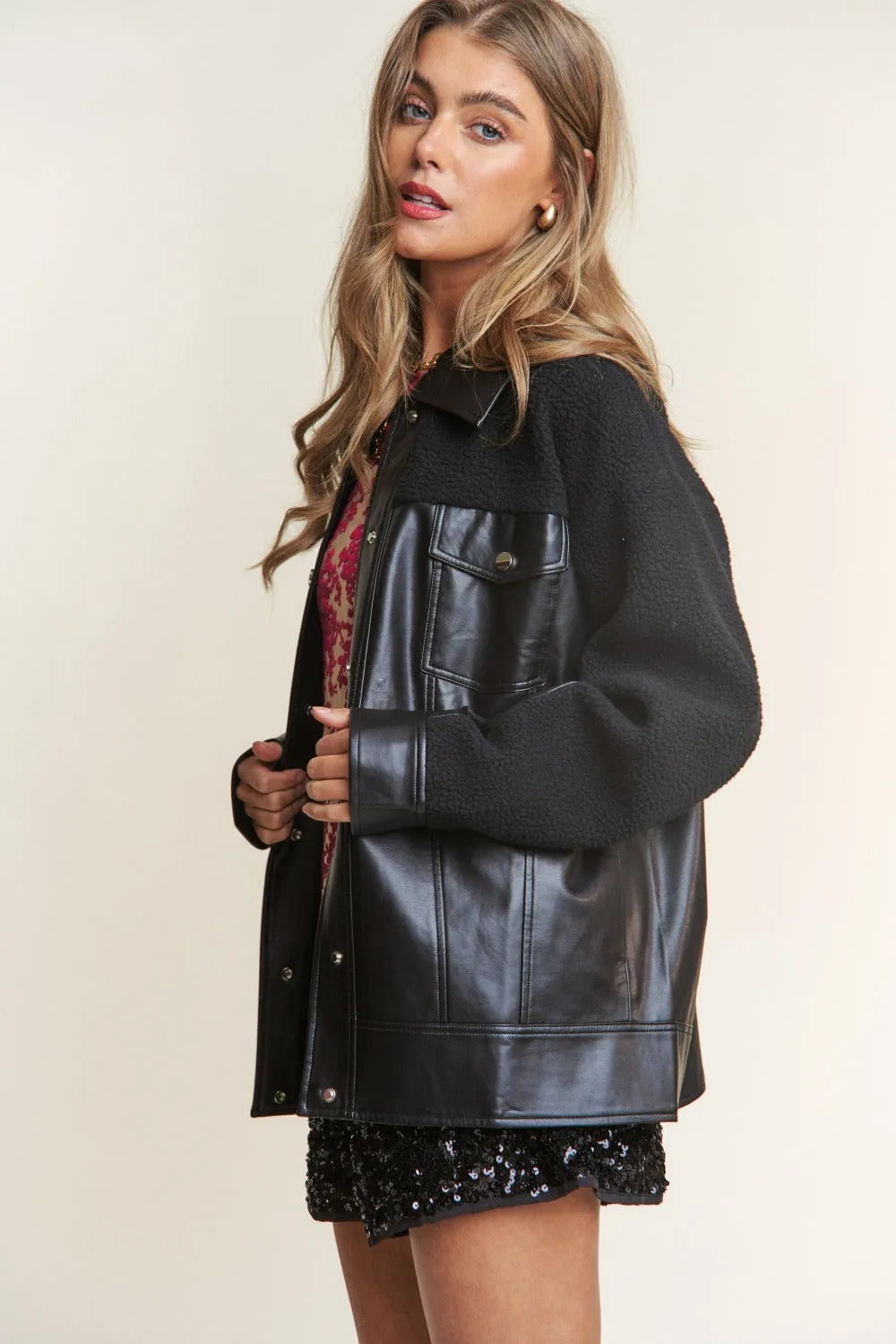 Faux Leather Sherpa Contrast Snap Down Jacket