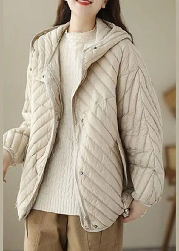 Fine Beige Hooded Drawstring Duck Down Puffer Coat Winter