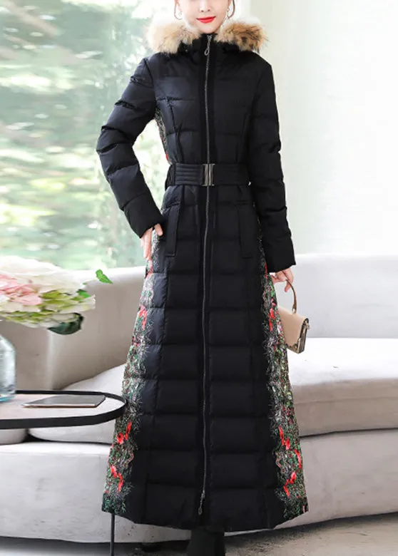 Fine Black Fur Collar Zippered Sashes Warm Thick Long Hooded Parka Winter