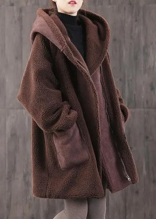 Fitted Chocolate zippered Pockets Loose Thick Winter Long sleeve Hooded Coat