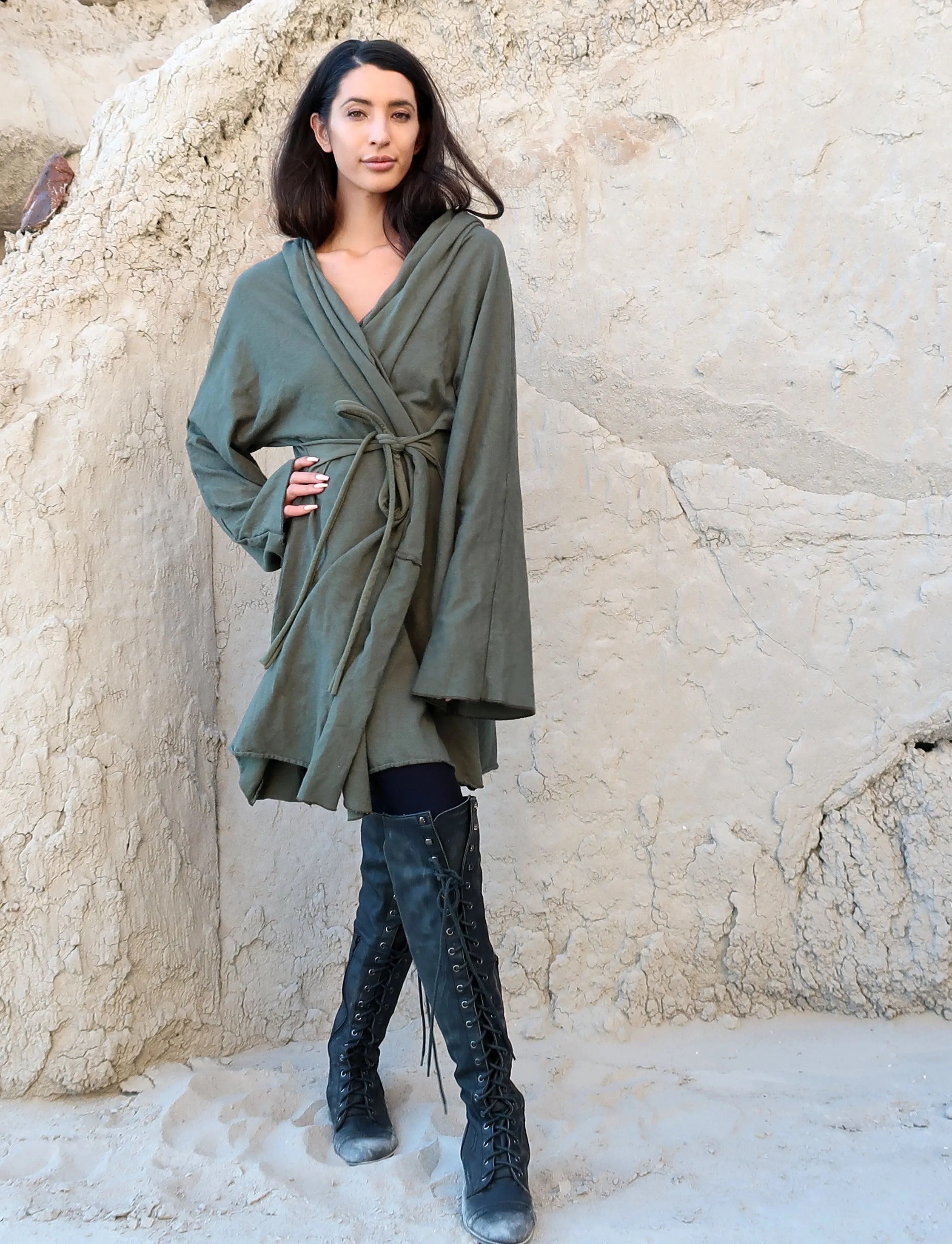 Hooded Kimono Belted Short Jacket