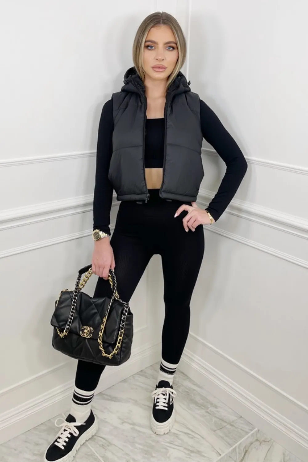 Jess black cropped hooded puffer gilet