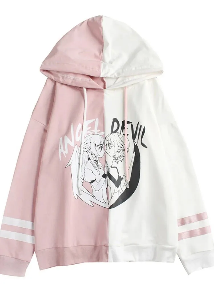 Kawaii Women Hooded Hoodies Long Sleeve Lovely Patchwork Cute Girls Sweet Sweatshirt Female Pullovers