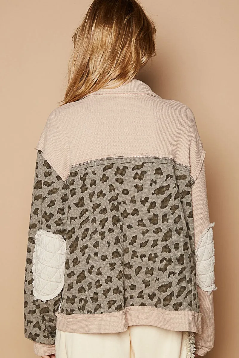 Leopard Exposed Seam Button Up Quilted Jacket