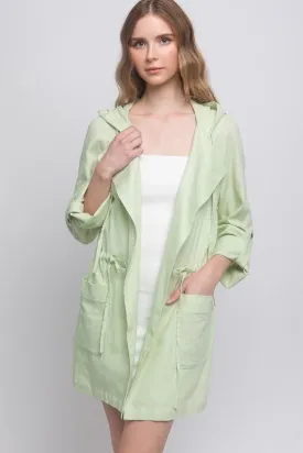 Light Green Open Front Hoodie Trench Linen Jacket