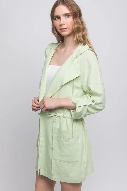 Light Green Open Front Hoodie Trench Linen Jacket