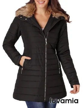 luvamia Women Casual Warm Winter Faux Fur Quilted Parka Lapel Zip Jacket Puffer Coat