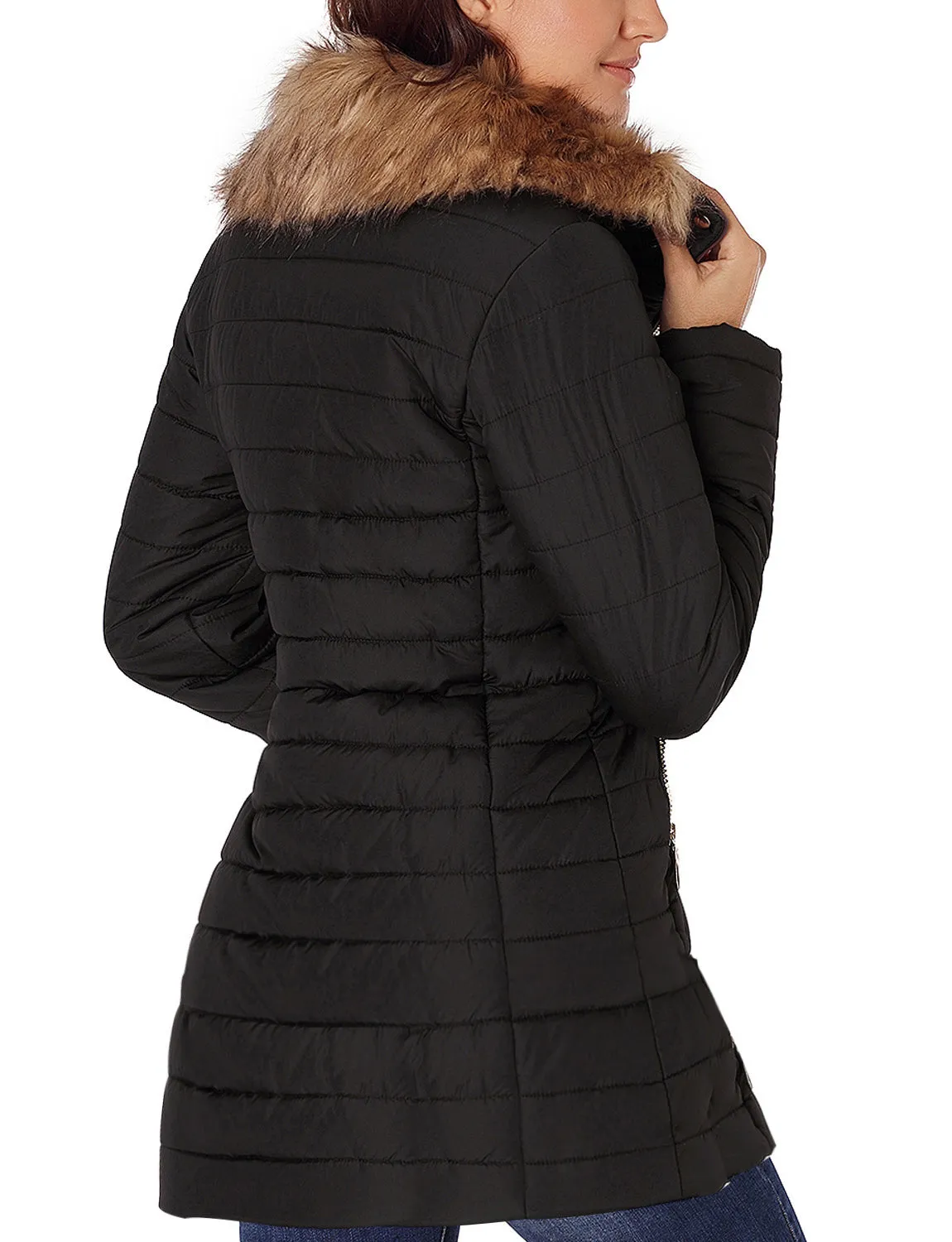 luvamia Women Casual Warm Winter Faux Fur Quilted Parka Lapel Zip Jacket Puffer Coat