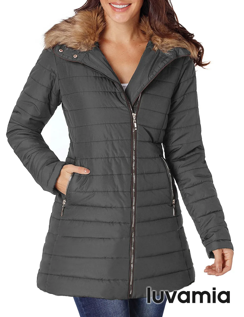 luvamia Women Casual Warm Winter Faux Fur Quilted Parka Lapel Zip Jacket Puffer Coat