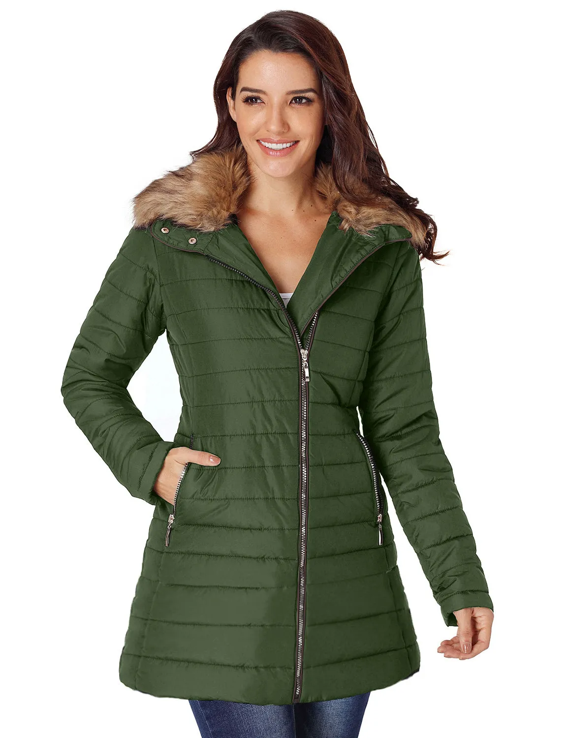 luvamia Women Casual Warm Winter Faux Fur Quilted Parka Lapel Zip Jacket Puffer Coat