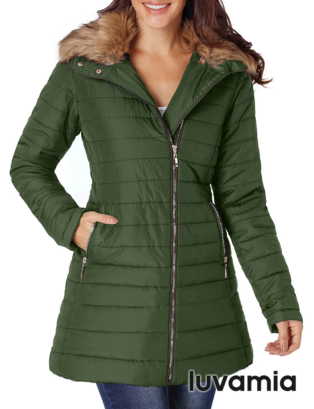 luvamia Women Casual Warm Winter Faux Fur Quilted Parka Lapel Zip Jacket Puffer Coat