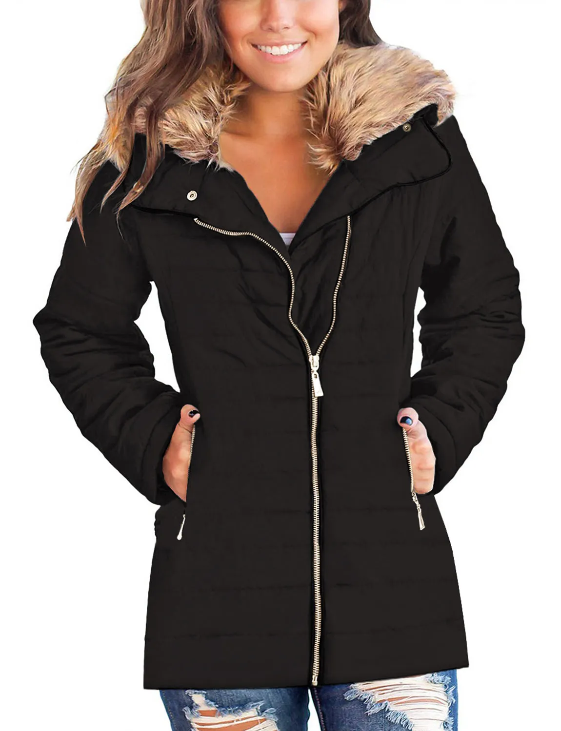 luvamia Women Casual Warm Winter Faux Fur Quilted Parka Lapel Zip Jacket Puffer Coat