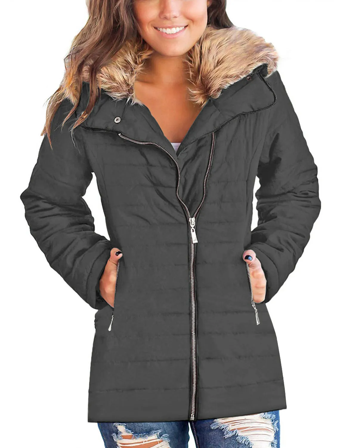 luvamia Women Casual Warm Winter Faux Fur Quilted Parka Lapel Zip Jacket Puffer Coat