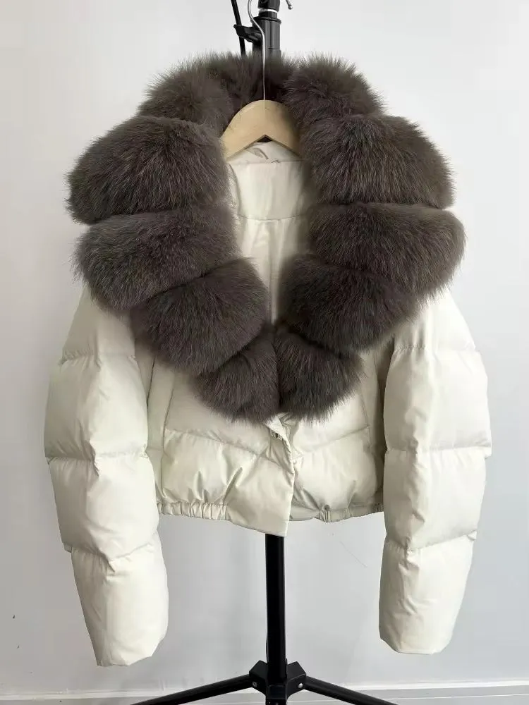 Luxurious Women's Short Down Jacket with Genuine Fur Trim. Oversized jacket plus size